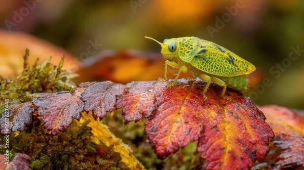 Obraz Tiny vibrant insect on autumn leaf