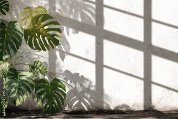 Fototapeta shadow overlay effects of realistic window and monstera leaf shadow isolated on transparent background, shadow for photo presentation interior backdrop mockup