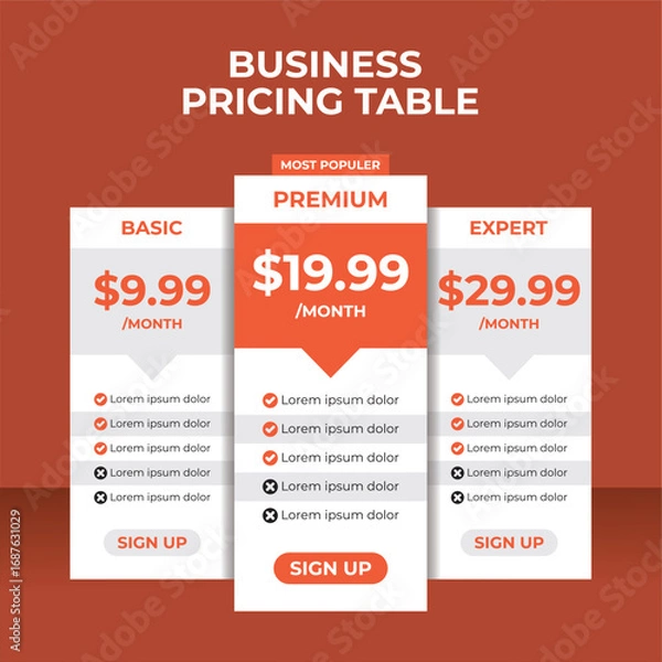 Fototapeta Red Business Pricing Table Template, Modern pricing table infographic for business subscription plans