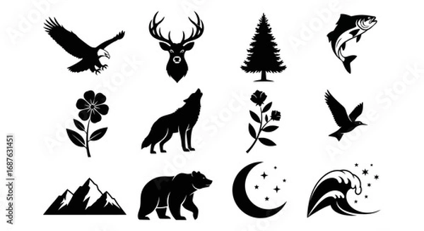 Fototapeta Nature's Essence A Vector Composition of Eagle, Deer, Pine, and Fish, with Floral Elements, Wolf, and Scenic Views, .