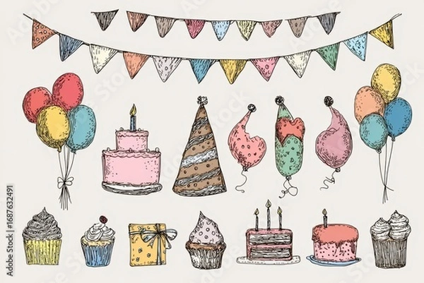 Fototapeta vector illustration of hand drawn doodle birthday cake candle balloons flags on transparent background, kid's doodle hand drawn birthday design elements