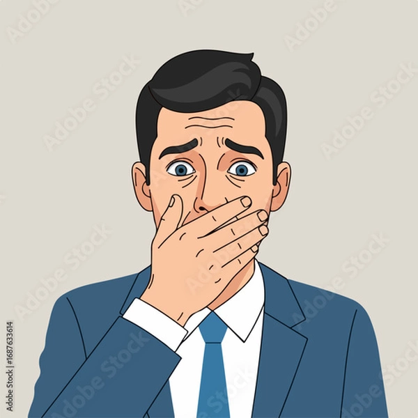 Fototapeta Man with hand over mouth in fear and anxiety, depicting a portrait of worry. Portrait with an emotional man covering mouth.