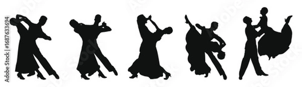 Fototapeta Set of ballroom dance couple silhouettes in flat vector, waltz, tango and foxtrot poses with dips, lifts and twirls, partner dance figures for event flyer, studio branding, poster and logo.