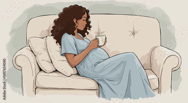 Fototapeta Expectant mother is taking a break on sofa while drinking tea, she is holding cup. Expectant mother is relaxing and enjoying warm drink, she is waiting for baby's arrival and showing love.