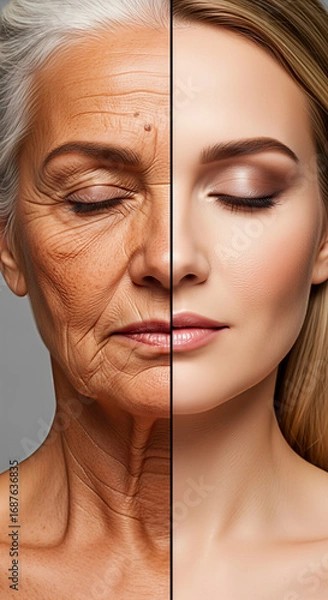 Fototapeta Halved faces showcasing aging and youth. A compelling studio portrait of contrast and transformation. Ageless beauty, rejuvenating skincare, before and after.