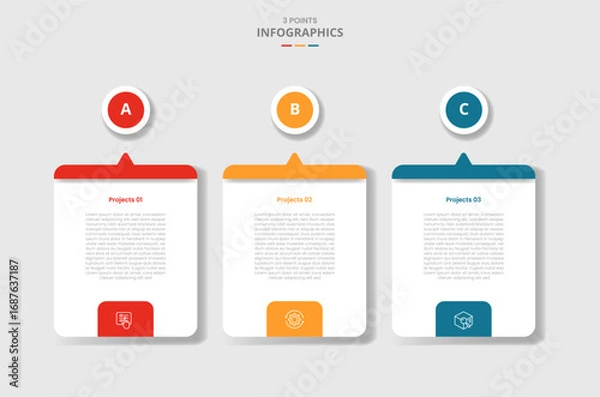 Fototapeta 3 points template infographic with creative box with small arrow pointer and circle top badge with drop shadow style with three stage list information