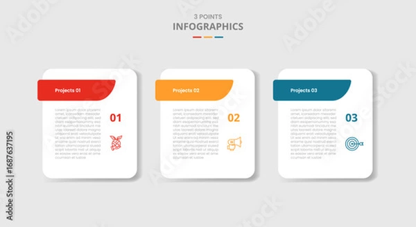 Fototapeta 3 points template infographic with round rectangle box with fluid header badge with drop shadow style with three stage list information
