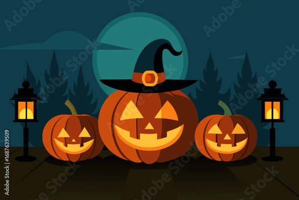 Fototapeta Three jack o lanterns and lanterns on a spooky halloween night