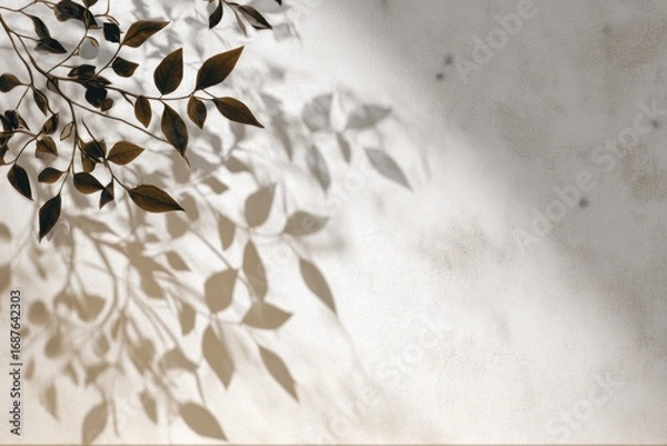 Fototapeta shadow overlay effects of realistic abstract natural tree leaves and window shadow on white wall background, Summer sunlight and shadow overlay effect, shadow for photo interior backdrop studio mockup