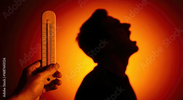 Fototapeta Hand holding thermometer beside silhouette of shouting person against an orange background. A conceptual shot that evokes feelings of stress and pressure. Climate change, heat wave, crisis.