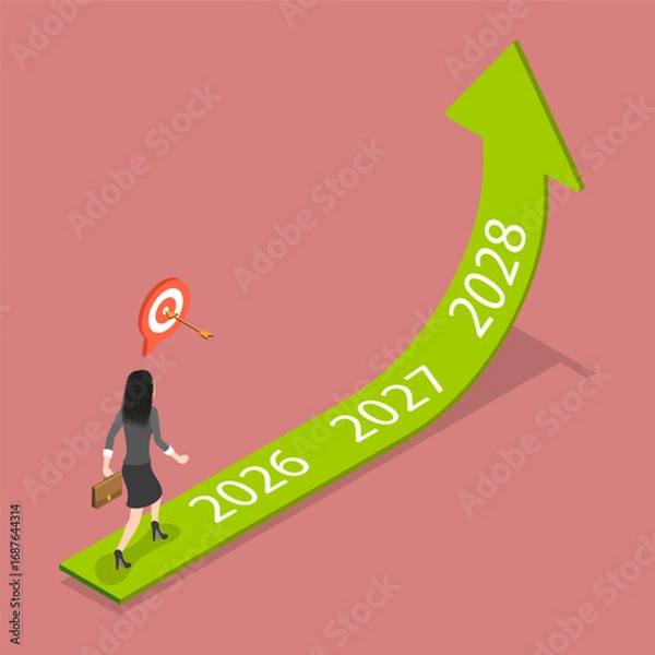 Fototapeta 3D Isometric Flat Vector Illustration of Future Goals, Businessman Running Towards Future Goals For 2026-2028 Years