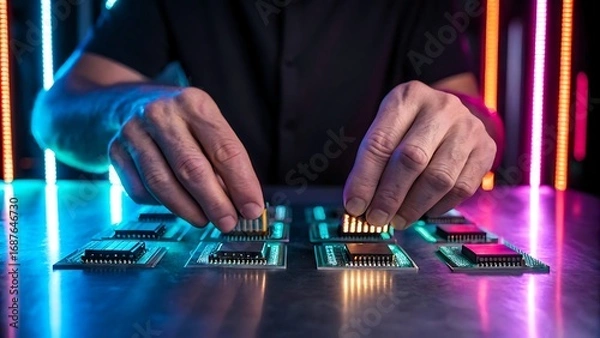 Fototapeta Hands installing computer processors on a motherboard with neon lighting