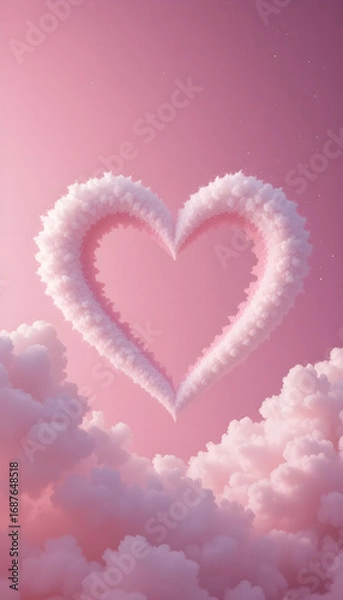 Fototapeta Heart-Shaped Cloud Formation in a Pastel Pink Sky.A captivating image of a heart shape formed by fluffy, white clouds against a soft, pastel pink sky.