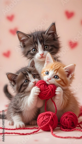 Fototapeta Adorable Kittens Playfully Holding Heart-Shaped Yarn Balls.Three adorable kittens, gray, ginger, and white, are playfully interacting with red yarn balls shaped like hearts against a soft, pink backdr