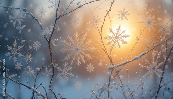 Fototapeta Stunning Snowflakes on Branches at Sunrise.This image showcases intricate snowflakes adorning branches on a winter morning.