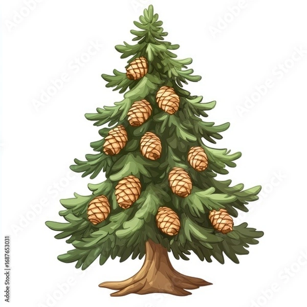 Fototapeta Decorated Christmas tree with pine cones and ornaments isolated on white background