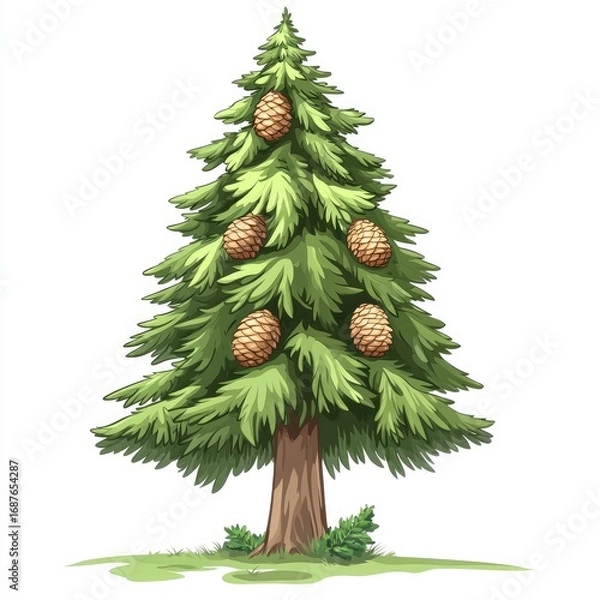 Obraz Decorated green Christmas tree with ornaments and gifts on white background