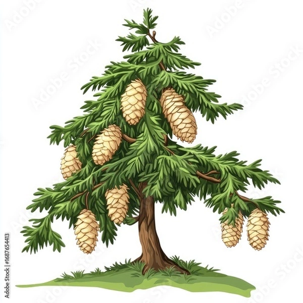 Fototapeta Fresh Christmas tree branches decorated with pine cones are a festive winter holiday nature scene