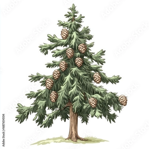 Fototapeta Decorated Christmas tree isolated on a white background with ornaments, a star, and gifts for the winter holiday season