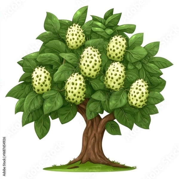 Fototapeta Green apple tree with ripe berries and fresh green leaves isolated on white background