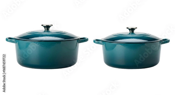 Fototapeta Set of Two Teal Enameled Cast Iron Dutch Ovens with Lids.