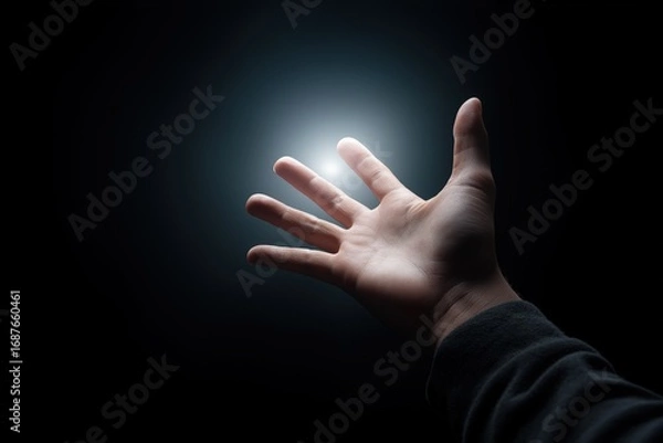 Obraz Hand reaching towards glowing light in darkness