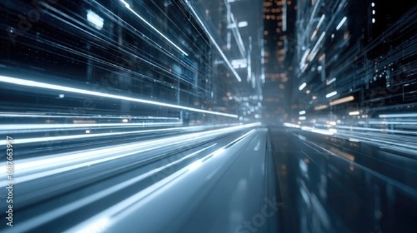 Obraz Futuristic cityscape illuminated by dynamic light trails and ref