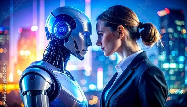 Fototapeta Futuristic romantic scene of a tender kiss between a female human and a male robot, cinematic shot with dramatic lighting capturing love, connection, and emotion in a sci-fi setting