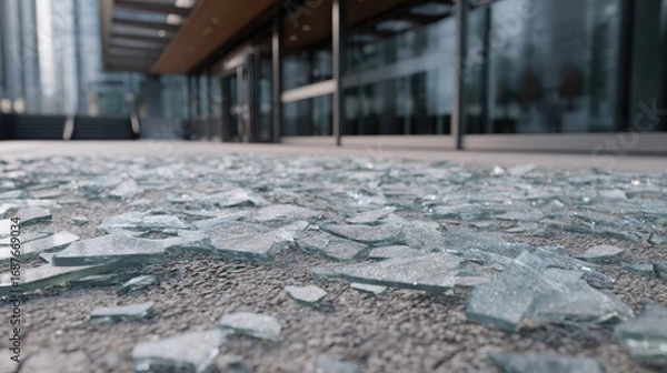 Obraz Shattered glass scattered on ground reflects urban environment d