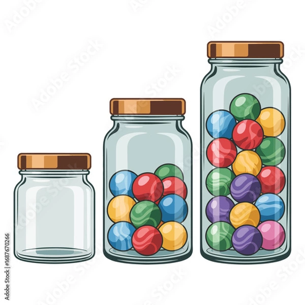 Fototapeta Three glass jars with colorful gumballs and one empty jar