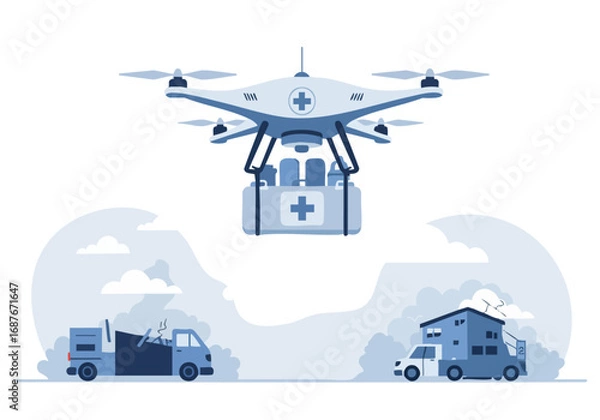 Fototapeta A blue medical drone lifts an aid package over a devastated landscape.  Illustrative, modern design.  Ideal for healthcare, disaster relief, and technology concepts.