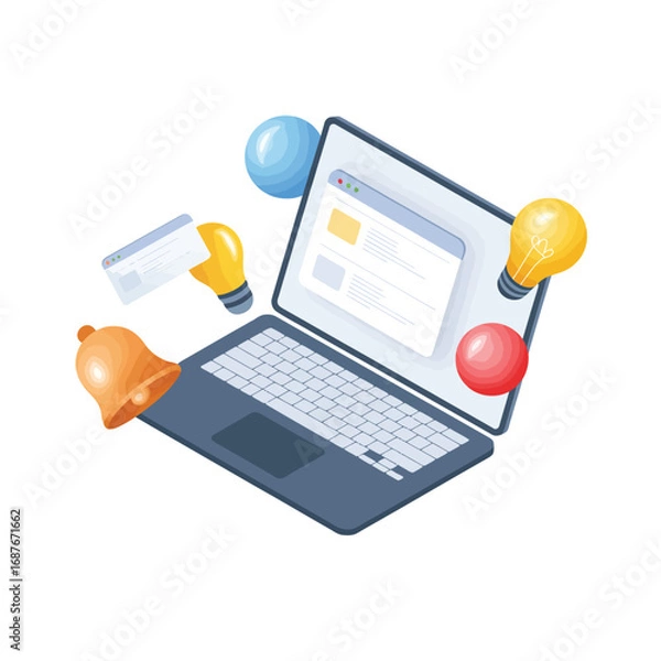 Fototapeta Laptop with colorful lightbulbs and balloons representing ideas and innovation