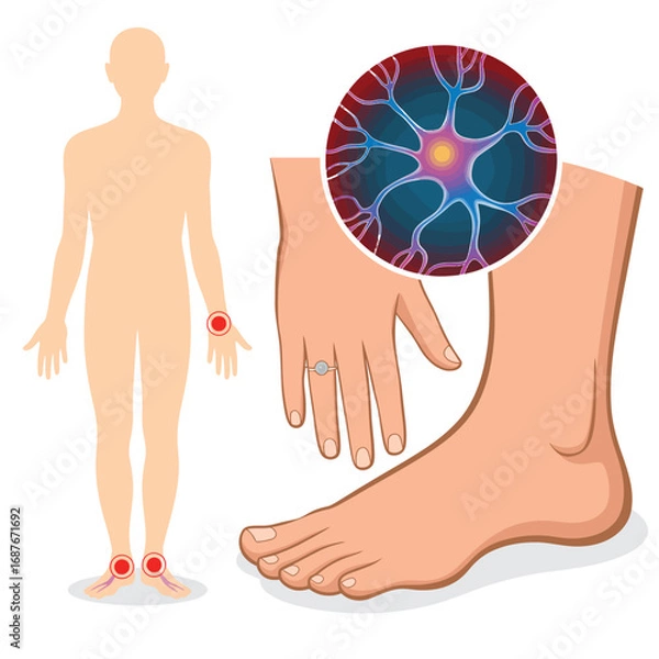 Fototapeta Human body illustration showing nerve endings in hands and feet with a magnified neuron