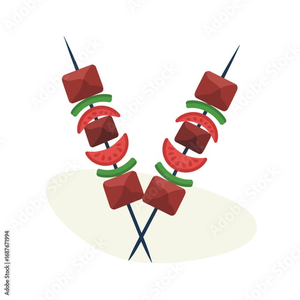 Fototapeta Two delicious meat and vegetable skewers on a light background