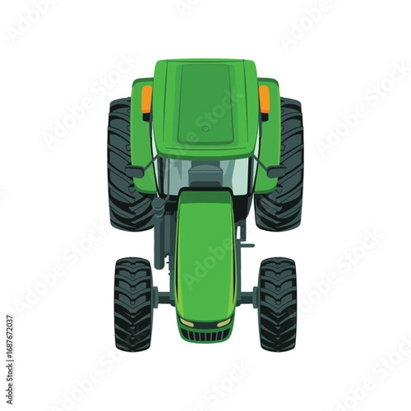 Fototapeta Bright green tractor viewed from directly above isolated on white background