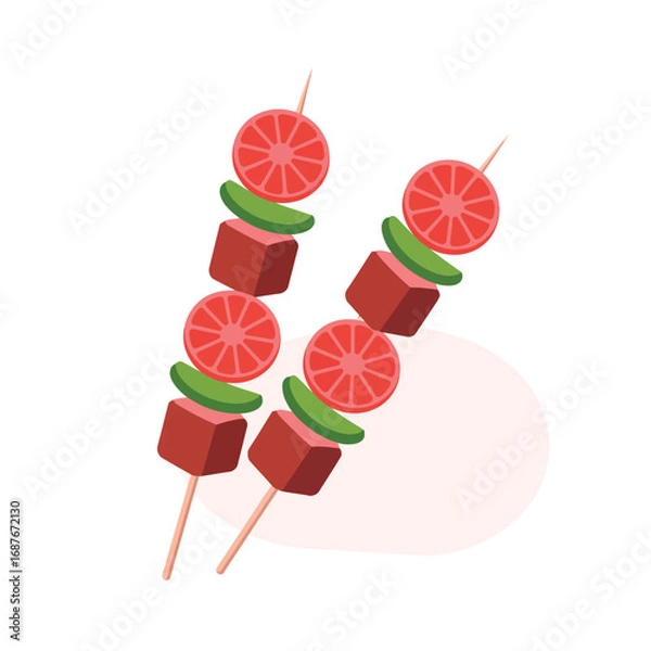 Fototapeta Two delicious skewers with meat tomatoes and green peppers on a white background