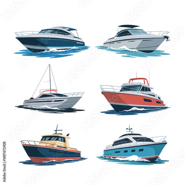 Fototapeta Collection of six different types of boats and yachts on water