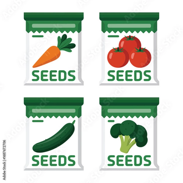 Fototapeta Four seed packets featuring carrot tomato cucumber and broccoli