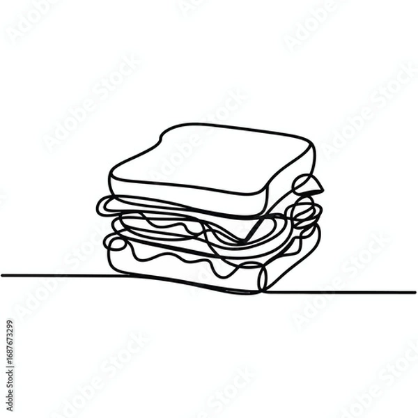 Fototapeta Simple line drawing of a stacked sandwich on a white background