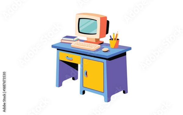 Fototapeta Retro computer setup on a colorful desk illustration