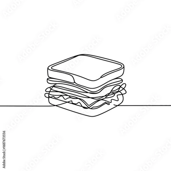 Fototapeta Simple line drawing of a stacked sandwich on a white background