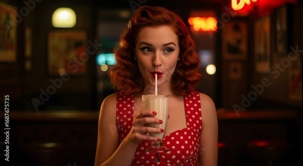 Obraz Vintage Sipping Moment: Captivating the essence of a bygone era, a woman with fiery red hair sips a creamy milkshake in a diner, exuding an air of classic elegance and timeless charm.