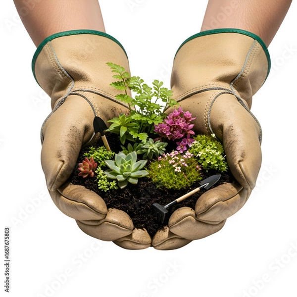 Fototapeta Gardening Gloves Hold Tiny Succulents and Ferns, Creating a Miniature Garden with Tools, on a Transparent Background.