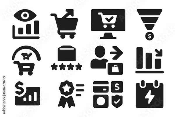 Fototapeta E-commerce Analytics Icons. Solid style icons of e-commerce analytics: product views chart, add-to-cart rate, checkout conversion