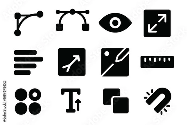Fototapeta Design Editing Icons. Solid style icons of creative design editing: vector node edit icon, bezier curve handle, layer visibility