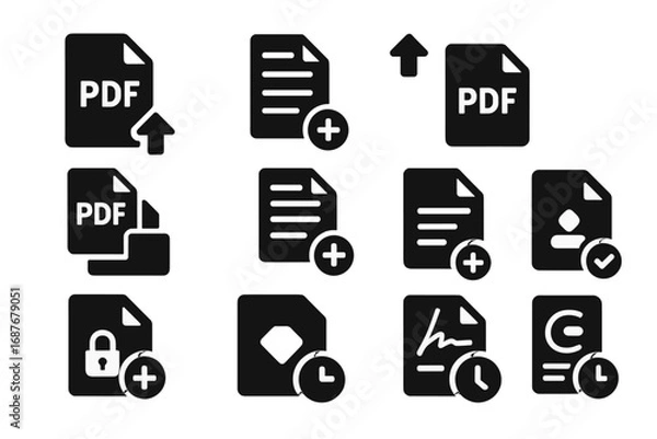 Fototapeta Document Icon Upgrades. Solid style icons of document and file upgrades: PDF tool upgrade, text editor enhancement, export option