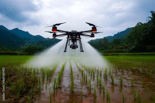 Obraz Smart Drone Spraying Rice Fields