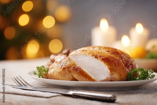Obraz Golden roasted chicken with tender meat garnished with fresh gre