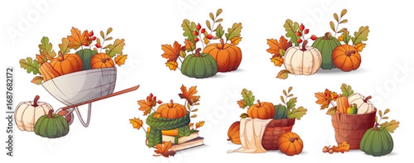 Fototapeta Vector set of autumn compositions with pumpkins, baskets, cart and fall leaves. Cozy harvest illustrations for Thanksgiving, seasonal design, decoration, posters and cards.