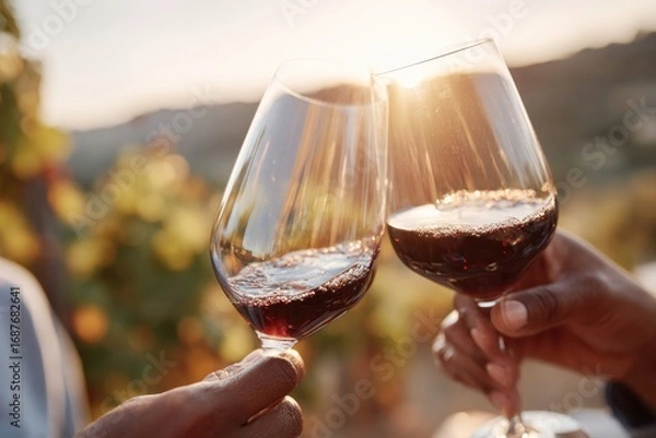 Obraz Cheers with glasses reflecting sunset glow, symbolizing celebrat